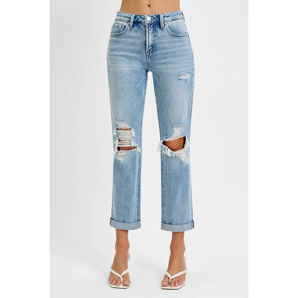 NEW RISEN tummy control high rise straight double roll up jeans in blue